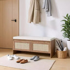 Banc de rangement Homy Casa en rotin tressé avec coussin d'assise et portes à charnières, Chêne naturel