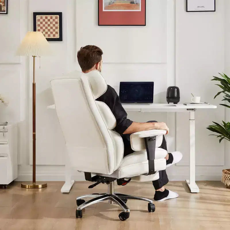 Chaise de bureau MAYEERTY ergonomique dossier haut avec repose-pieds soutien lombaire en cuir PU blanc