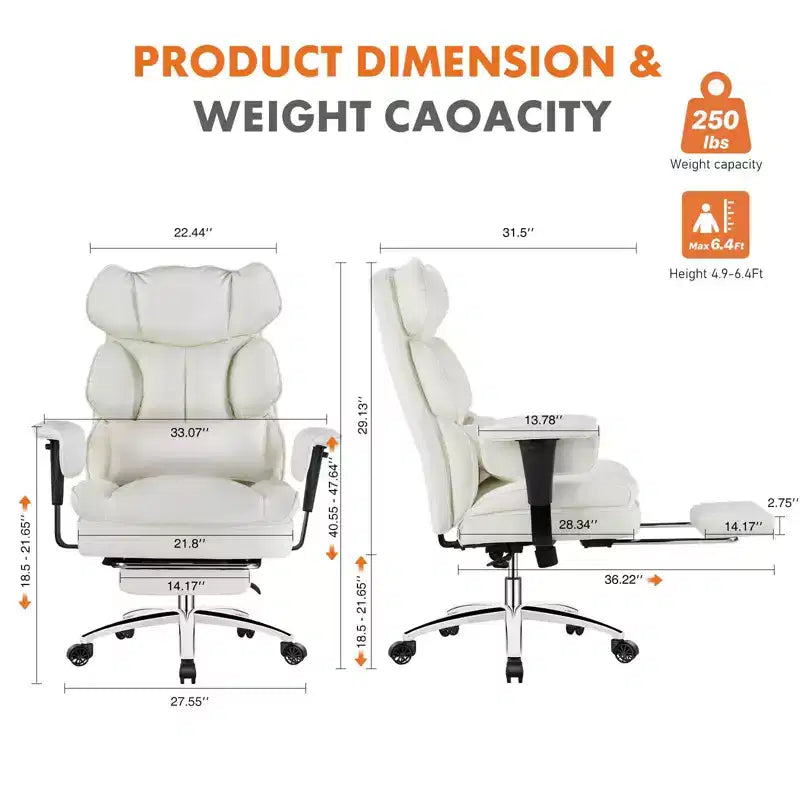 Chaise de bureau MAYEERTY ergonomique dossier haut avec repose-pieds soutien lombaire en cuir PU blanc
