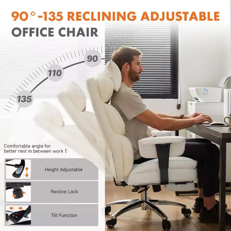 Chaise de bureau MAYEERTY ergonomique dossier haut avec repose-pieds soutien lombaire en cuir PU blanc