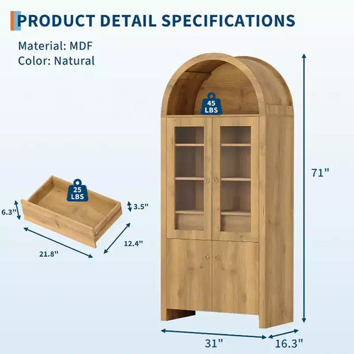 Armoire de rangement haute arquée de 71", Armoire de cuisine style ferme avec portes en acrylique et étagères réglables, pour cuisine, salle à manger
