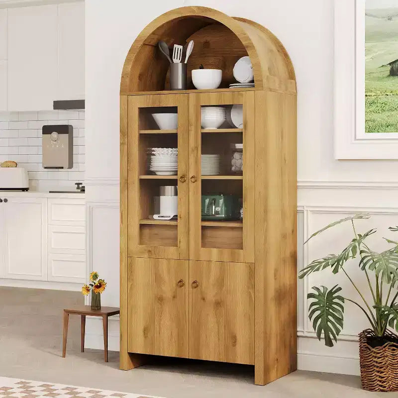 Armoire de rangement haute arquée de 71", Armoire de cuisine style ferme avec portes en acrylique et étagères réglables, pour cuisine, salle à manger