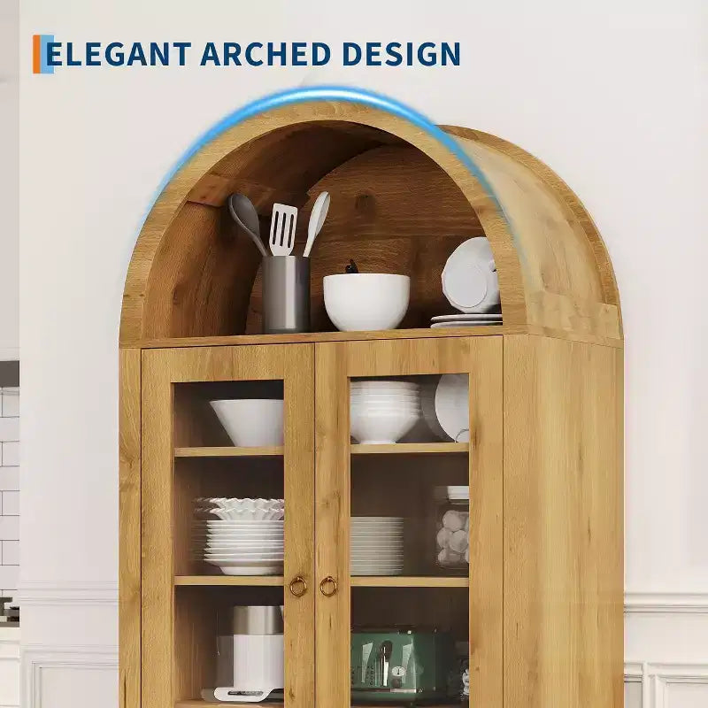 Armoire de rangement haute arquée de 71", Armoire de cuisine style ferme avec portes en acrylique et étagères réglables, pour cuisine, salle à manger