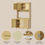 Meuble de cuisine autoportant en rotin de 71", avec support pour micro-ondes, buffet avec tiroirs, portes et crochets pour cuisine et salle à manger