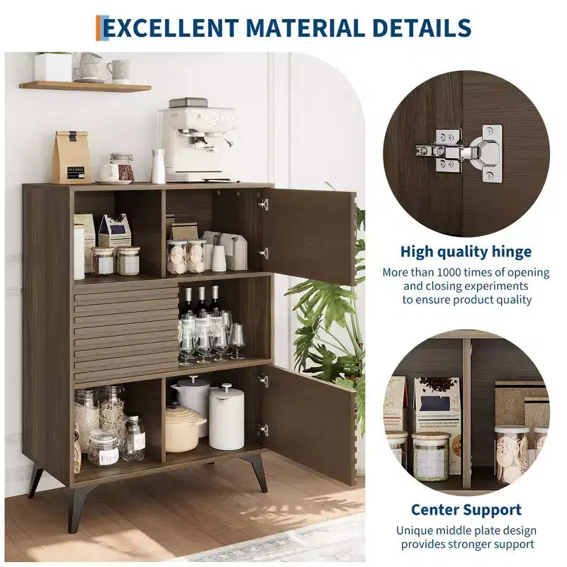 Buffet mi-siècle moderne avec portes, meuble de rangement en bois à 3 niveaux pour salon et salle à manger