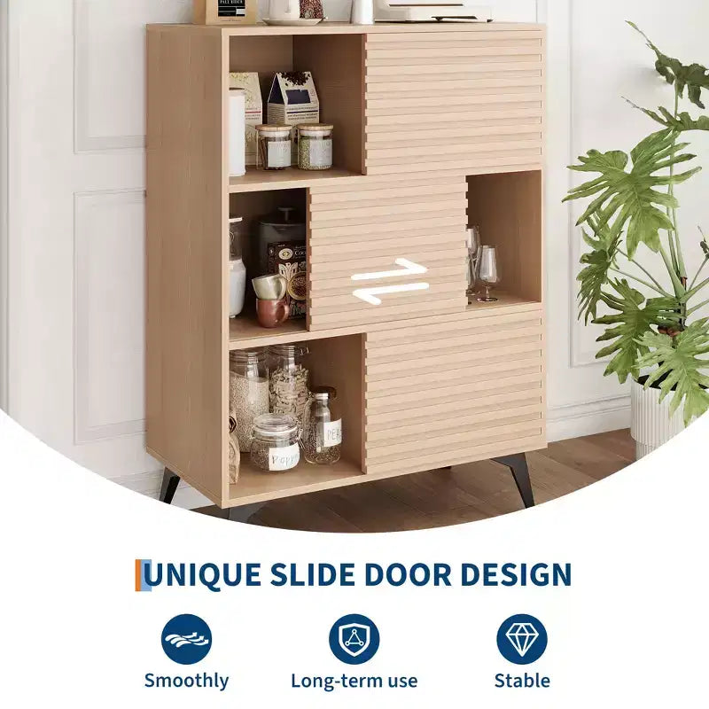 Buffet mi-siècle moderne avec portes, meuble de rangement en bois à 3 niveaux pour salon et salle à manger