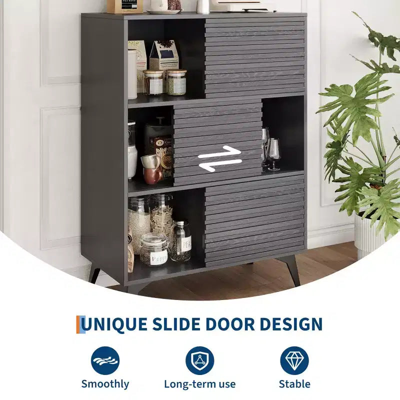 Buffet mi-siècle moderne avec portes, meuble de rangement en bois à 3 niveaux pour salon et salle à manger