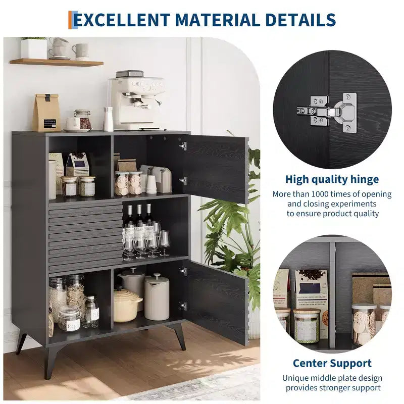 Buffet mi-siècle moderne avec portes, meuble de rangement en bois à 3 niveaux pour salon et salle à manger