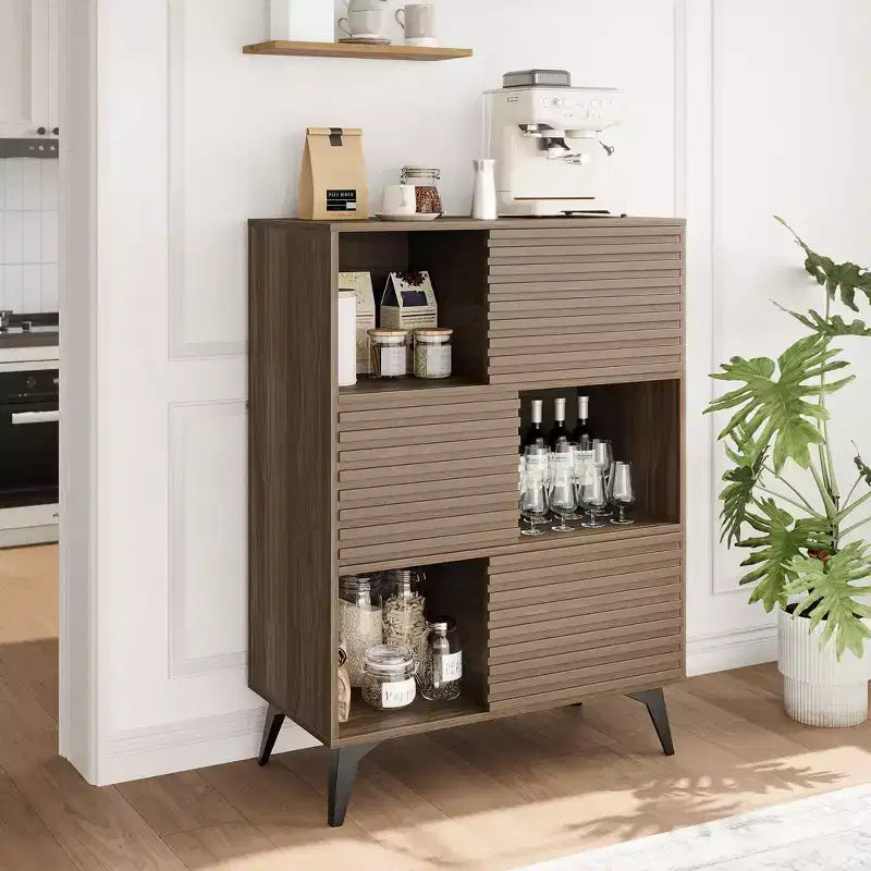 Buffet mi-siècle moderne avec portes, meuble de rangement en bois à 3 niveaux pour salon et salle à manger
