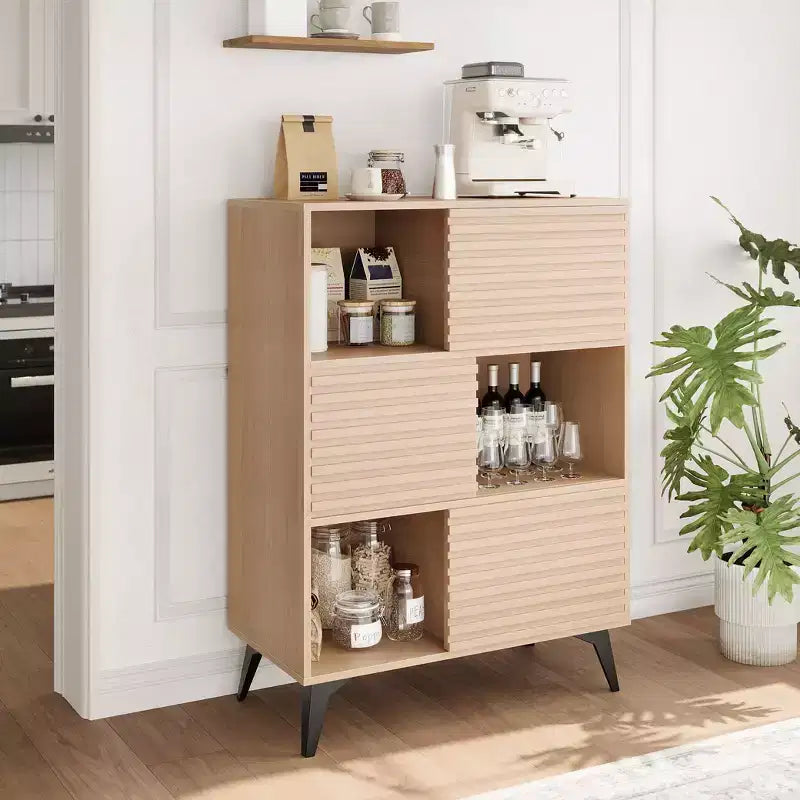 Buffet mi-siècle moderne avec portes, meuble de rangement en bois à 3 niveaux pour salon et salle à manger
