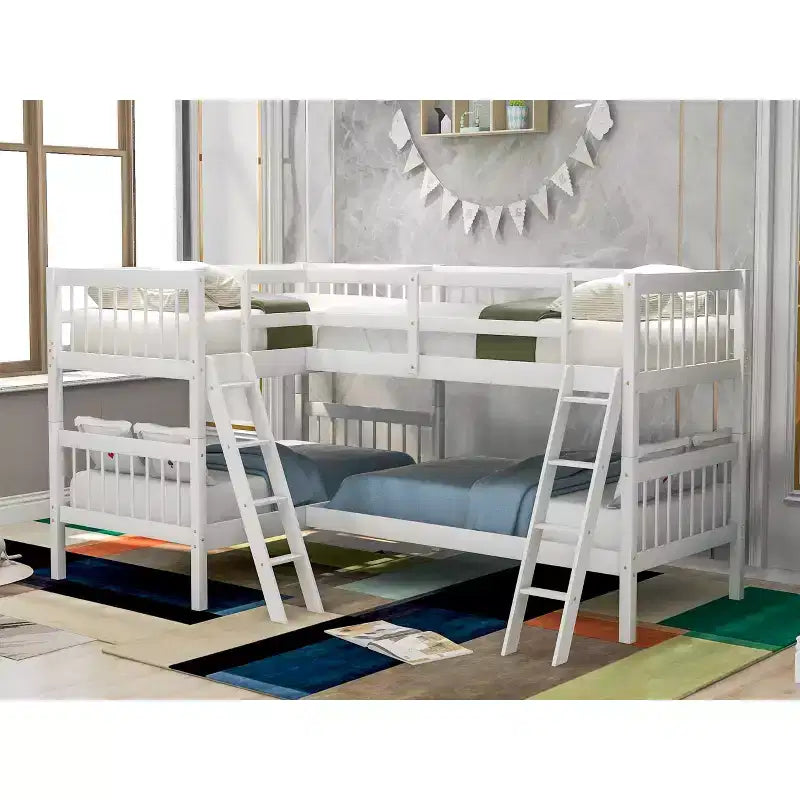 Lit superposé jumeau sur jumeau pour 4 enfants, cadre de lit superposé en bois massif en forme de L pour chambre à coucher
