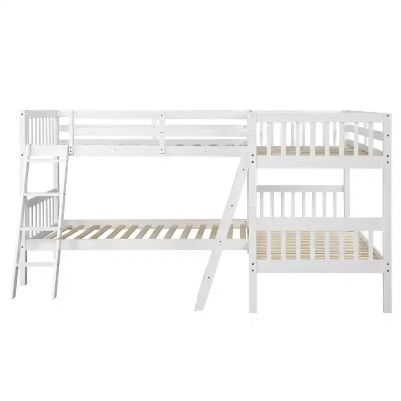 Lit superposé jumeau sur jumeau pour 4 enfants, cadre de lit superposé en bois massif en forme de L pour chambre à coucher