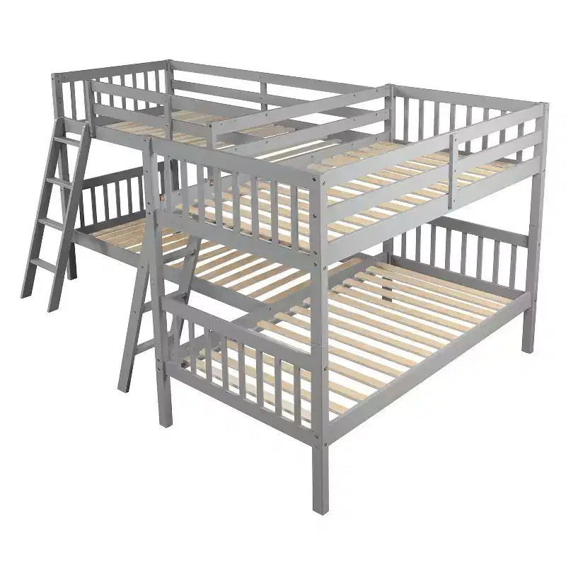 Lit superposé jumeau sur jumeau pour 4 enfants, cadre de lit superposé en bois massif en forme de L pour chambre à coucher