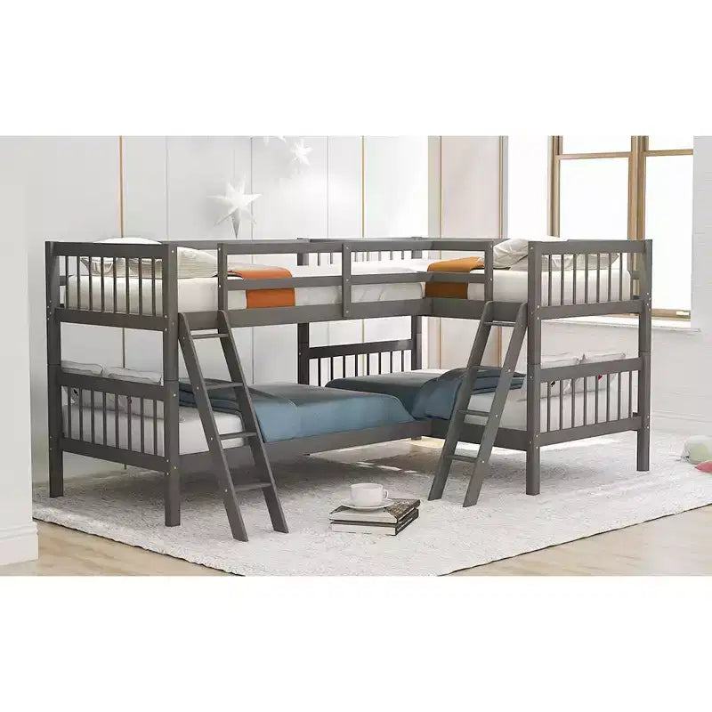 Lit superposé jumeau sur jumeau pour 4 enfants, cadre de lit superposé en bois massif en forme de L pour chambre à coucher
