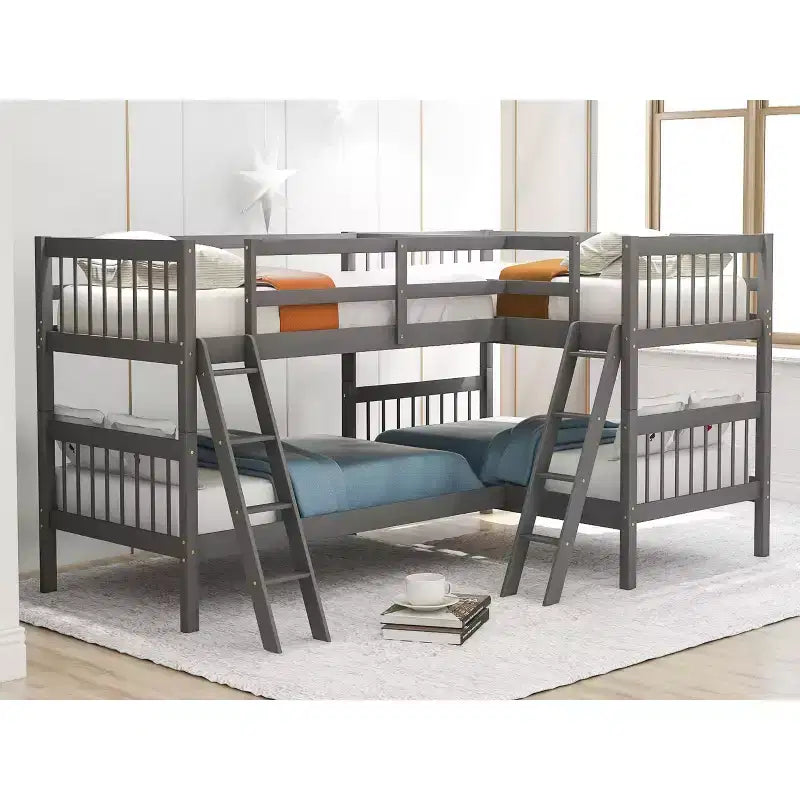 Twin over Twin Bunk Bed for 4 Kids, L-Shaped Solid Wood Bunk Bed Frame for Bedroom