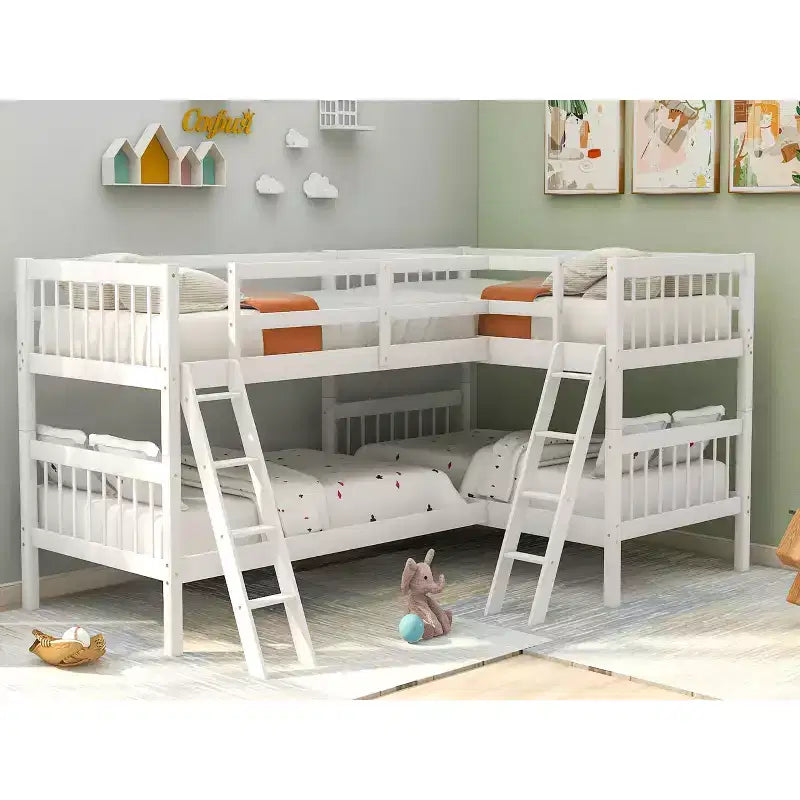 Lit superposé jumeau sur jumeau pour 4 enfants, cadre de lit superposé en bois massif en forme de L pour chambre à coucher
