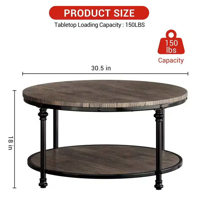 Table Basse Ronde, 87,6 cm/77,5 cm avec Étagère de Rangement à 2 Niveaux - Marron Grain de Bois Rustique, Cadre en Métal (Salon/Réception)
