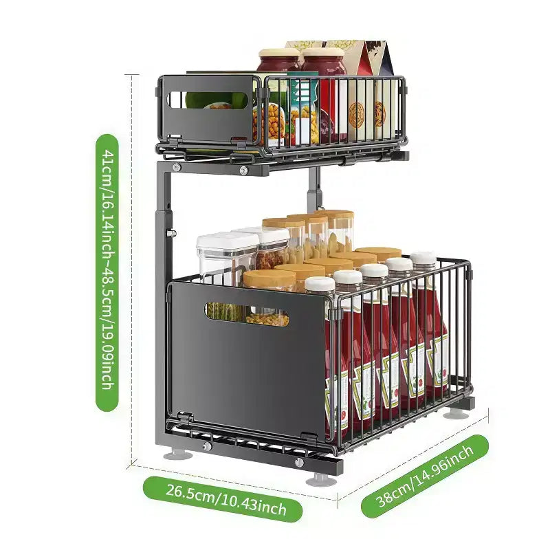 GustoWave Étagère de rangement de cuisine coulissante à 2 niveaux en métal, organisateur sous évier réglable en hauteur avec tiroirs coulissants en filet, noir