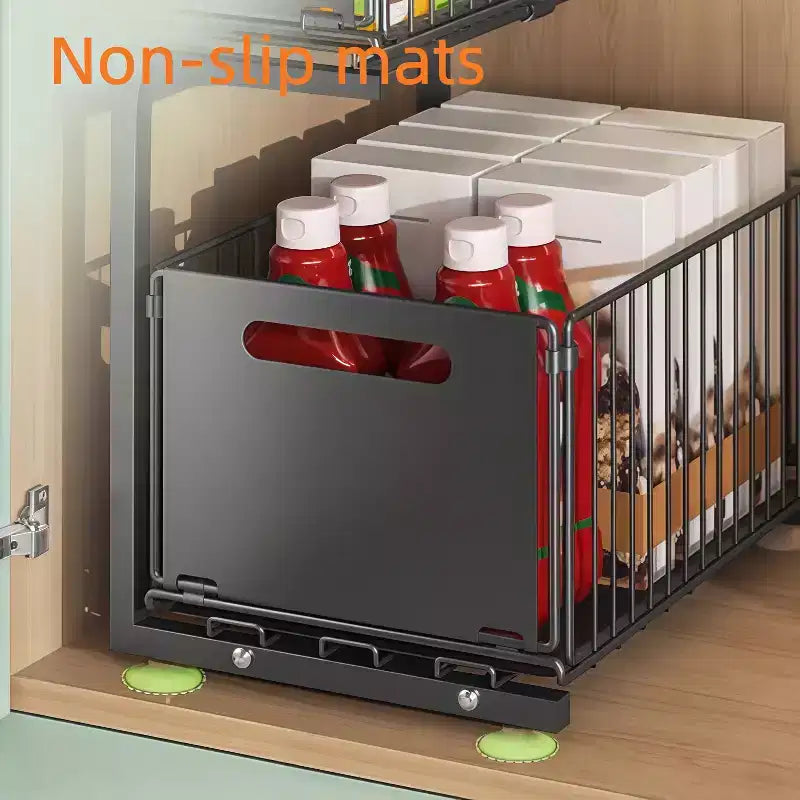 GustoWave Étagère de rangement de cuisine coulissante à 2 niveaux en métal, organisateur sous évier réglable en hauteur avec tiroirs coulissants en filet, noir