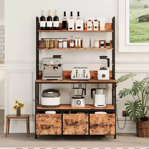 5-Tier Vintage Brown Kitchen Bakers Rack with Charging Station & Drawers C Industrial Microwave Stand/Farmhouse Coffee Bar for Kitchen/Office