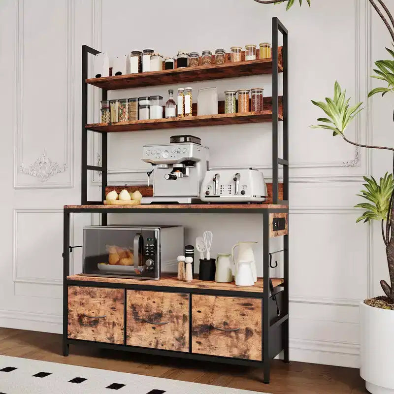 Étagère de cuisine vintage marron à 5 niveaux avec station de charge et tiroirs C Support de micro-ondes industriel/Bar à café de ferme pour cuisine/bureau