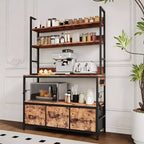 Étagère de cuisine vintage marron à 5 niveaux avec station de charge et tiroirs C Support de micro-ondes industriel/Bar à café de ferme pour cuisine/bureau