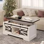 Table basse à plateau relevable avec rangement, style ferme de 120 cm avec porte coulissante de grange et compartiment caché, capacité de 68 kg pour salon et bureau
