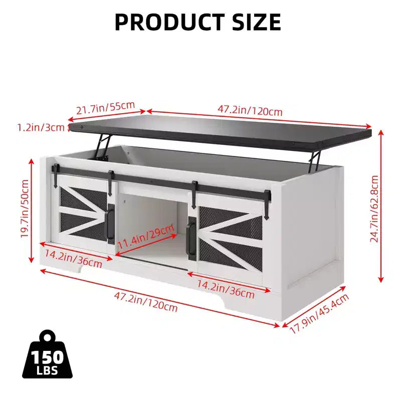 Table basse à plateau relevable avec rangement, style ferme de 120 cm avec porte coulissante de grange et compartiment caché, capacité de 68 kg pour salon et bureau