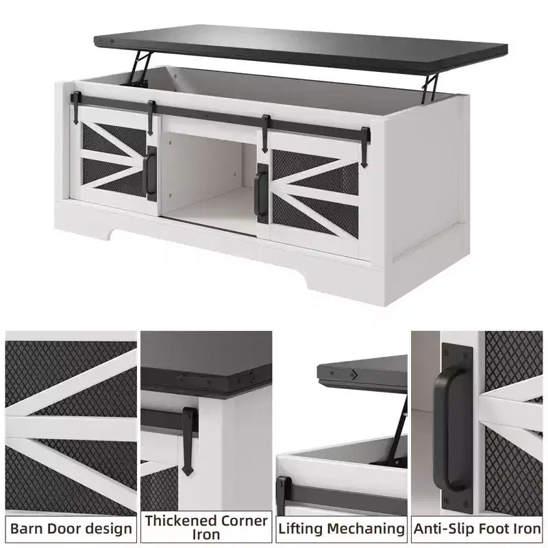 Table basse à plateau relevable avec rangement, style ferme de 120 cm avec porte coulissante de grange et compartiment caché, capacité de 68 kg pour salon et bureau