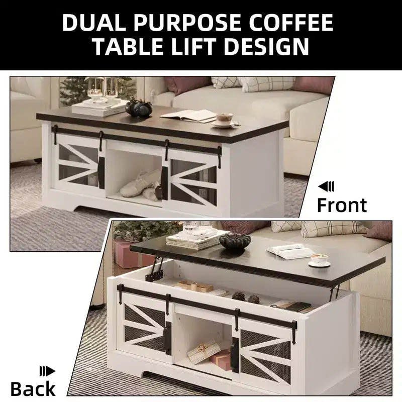 Table basse à plateau relevable avec rangement, style ferme de 120 cm avec porte coulissante de grange et compartiment caché, capacité de 68 kg pour salon et bureau