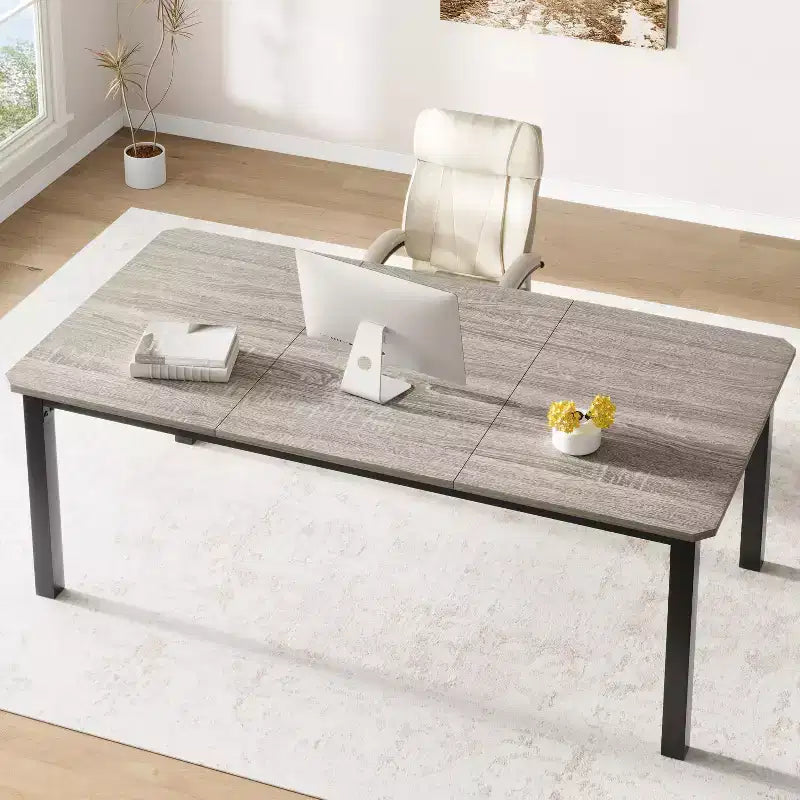 COZONY 78,7 Grande Table à Manger Rectangulaire pour 6 à 8 Personnes, Table de Cuisine Industrielle en Bois avec Cadre Métallique Robuste pour Salle à Manger, Restaurant (Sans Chaises)