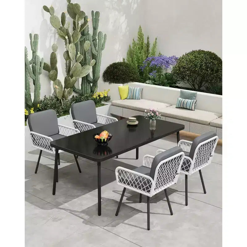 Lot de 4 chaises de salle à manger d'extérieur, fauteuils de patio tout temps avec coussins et rotin tressé à la main