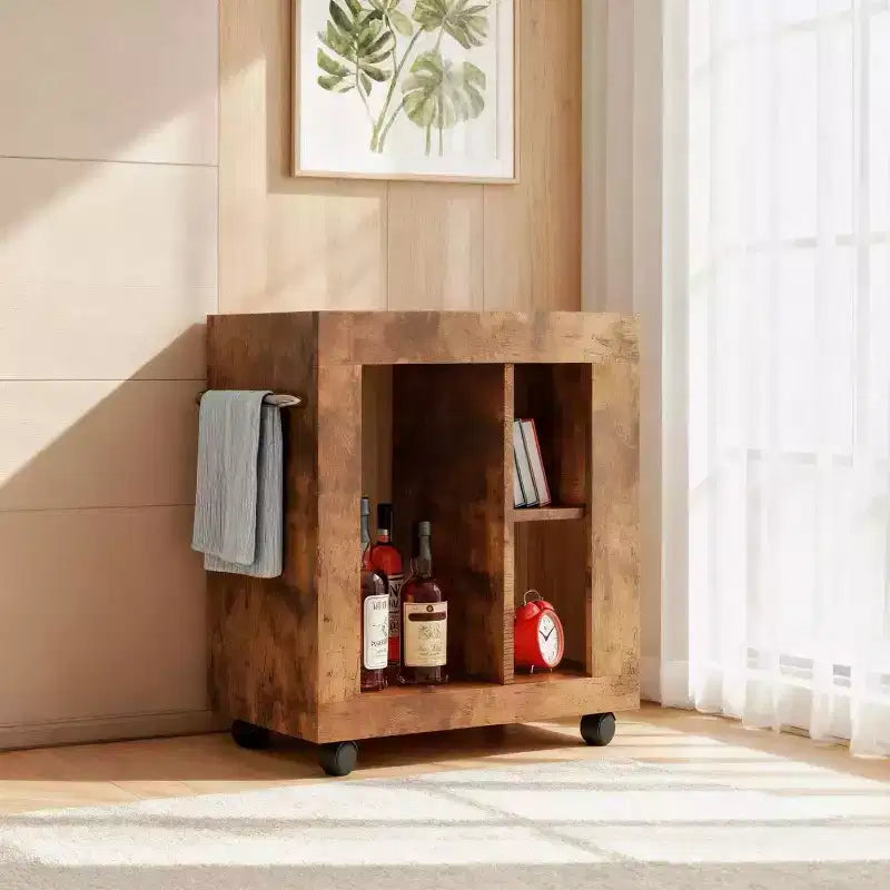 Meuble bar rustique Homy Casa avec plateau en marbre et roulettes, chariot de rangement mobile marron pour cuisine et salon