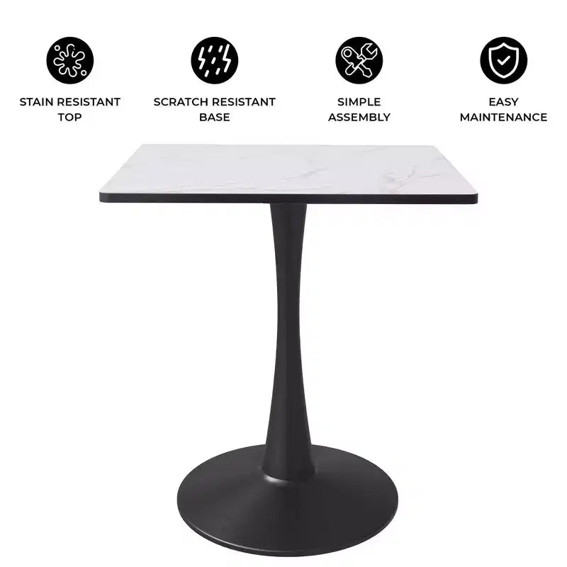 Table à manger carrée LeisureMod Bristol avec plateau en MDF et piètement colonne en acier noir pour cuisine et salle à manger modernes