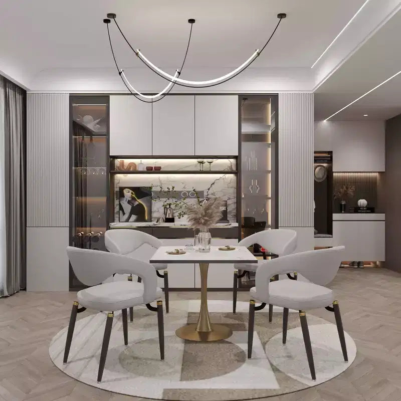 Table à manger carrée LeisureMod Bristol – Plateau en MDF blanc marbré avec base piédestal en acier doré, cuisine moderne, salle à manger, café, petit appartement