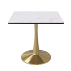 Table à manger carrée LeisureMod Bristol – Plateau en MDF blanc marbré avec base piédestal en acier doré, cuisine moderne, salle à manger, café, petit appartement