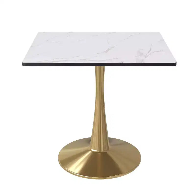 Table à manger carrée LeisureMod Bristol – Plateau en MDF blanc marbré avec base piédestal en acier doré, cuisine moderne, salle à manger, café, petit appartement