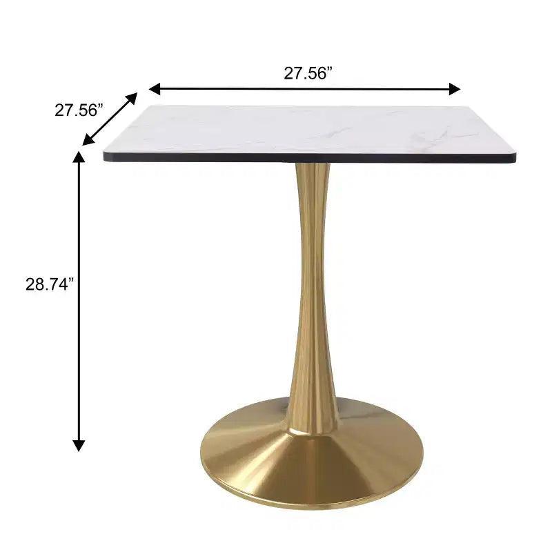 Table à manger carrée LeisureMod Bristol – Plateau en MDF blanc marbré avec base piédestal en acier doré, cuisine moderne, salle à manger, café, petit appartement