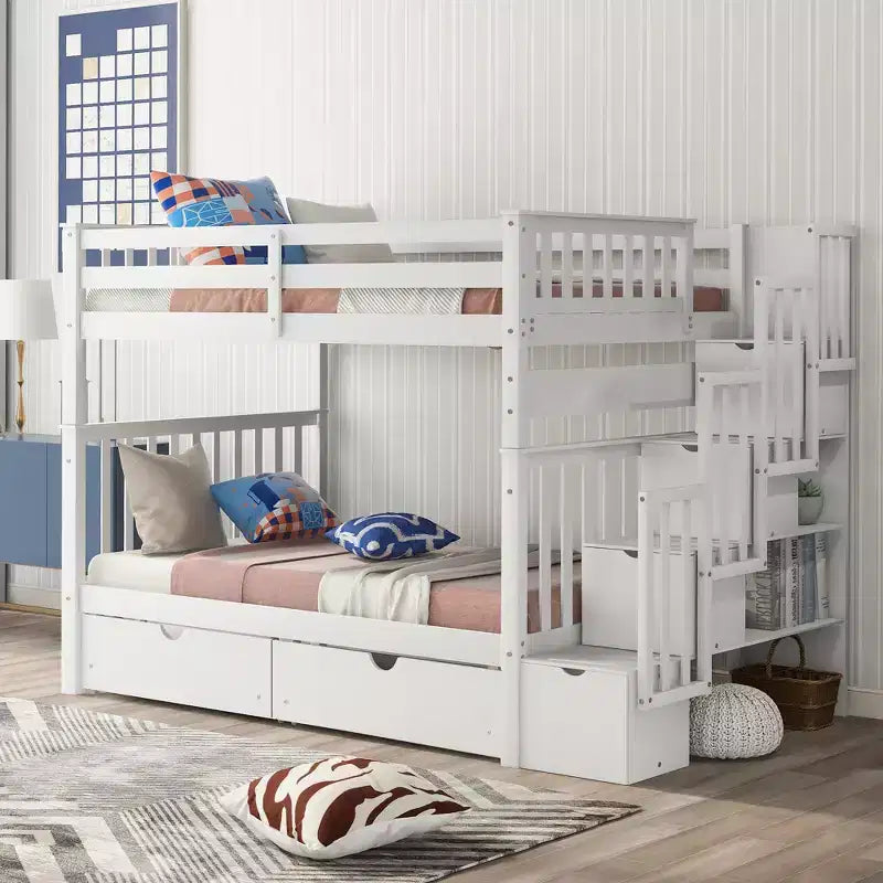 Lit superposé avec escalier double sur double pour enfants, cadre de lit superposé double avec 6 tiroirs de rangement et barrière de sécurité pour chambre à coucher ou dortoir