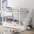 Lit superposé avec escalier double sur double pour enfants, cadre de lit superposé double avec 6 tiroirs de rangement et barrière de sécurité pour chambre à coucher ou dortoir