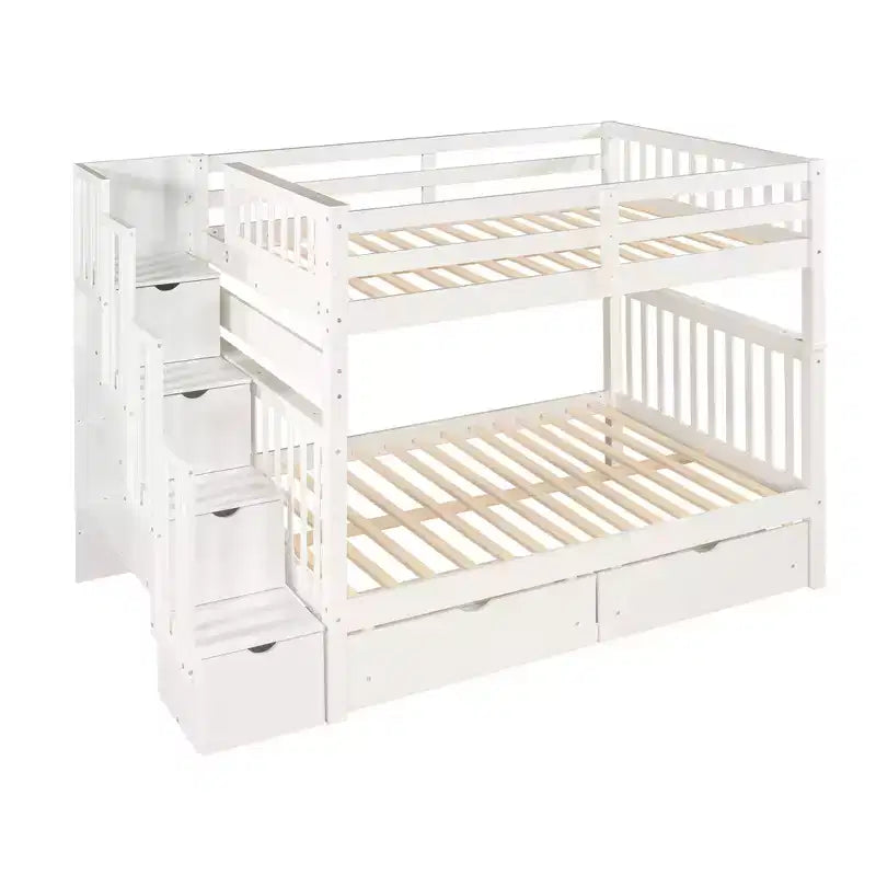 Lit superposé avec escalier double sur double pour enfants, cadre de lit superposé double avec 6 tiroirs de rangement et barrière de sécurité pour chambre à coucher ou dortoir