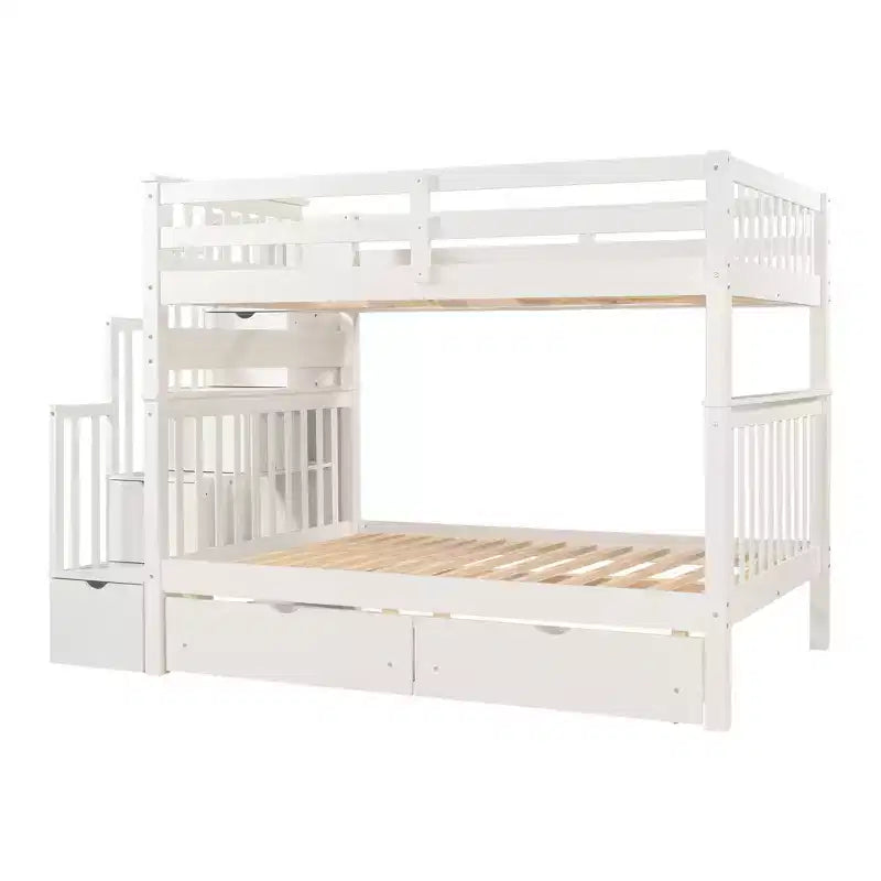 Lit superposé avec escalier double sur double pour enfants, cadre de lit superposé double avec 6 tiroirs de rangement et barrière de sécurité pour chambre à coucher ou dortoir