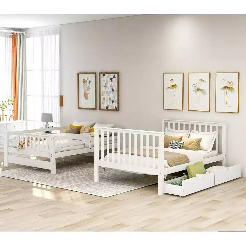 Lit superposé avec escalier double sur double pour enfants, cadre de lit superposé double avec 6 tiroirs de rangement et barrière de sécurité pour chambre à coucher ou dortoir