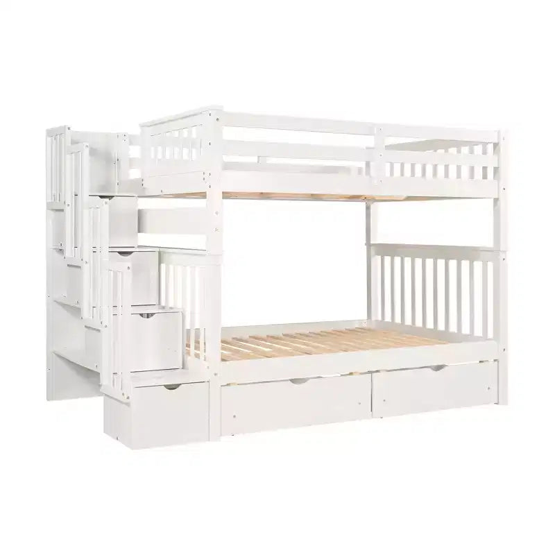 Lit superposé avec escalier double sur double pour enfants, cadre de lit superposé double avec 6 tiroirs de rangement et barrière de sécurité pour chambre à coucher ou dortoir