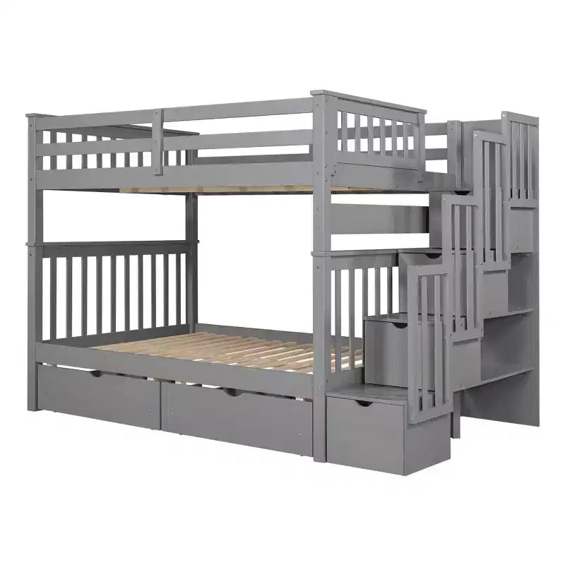 Lit superposé avec escalier double sur double pour enfants, cadre de lit superposé double avec 6 tiroirs de rangement et barrière de sécurité pour chambre à coucher ou dortoir