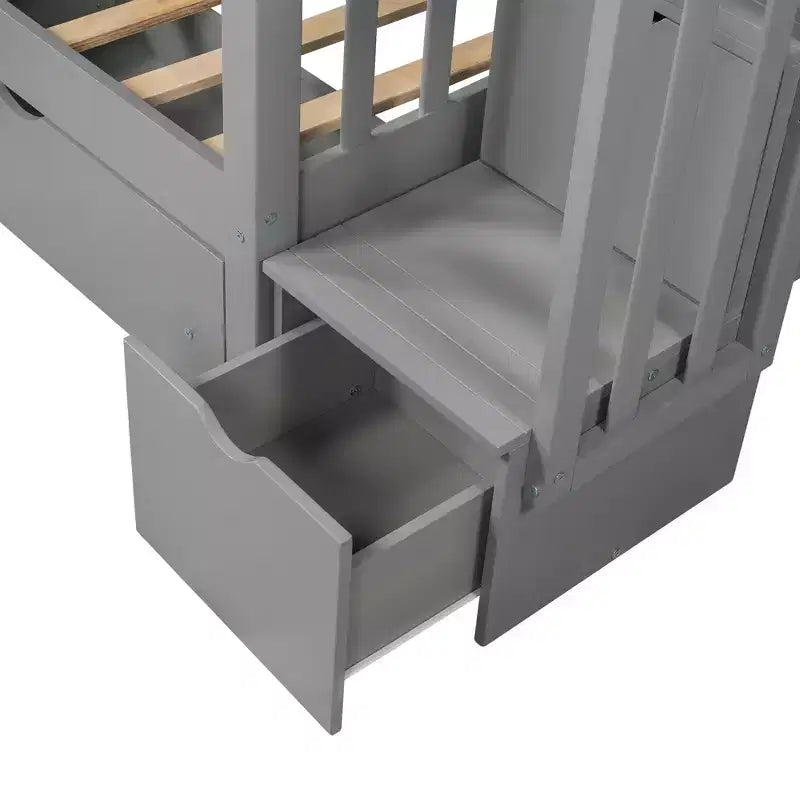 Lit superposé avec escalier double sur double pour enfants, cadre de lit superposé double avec 6 tiroirs de rangement et barrière de sécurité pour chambre à coucher ou dortoir