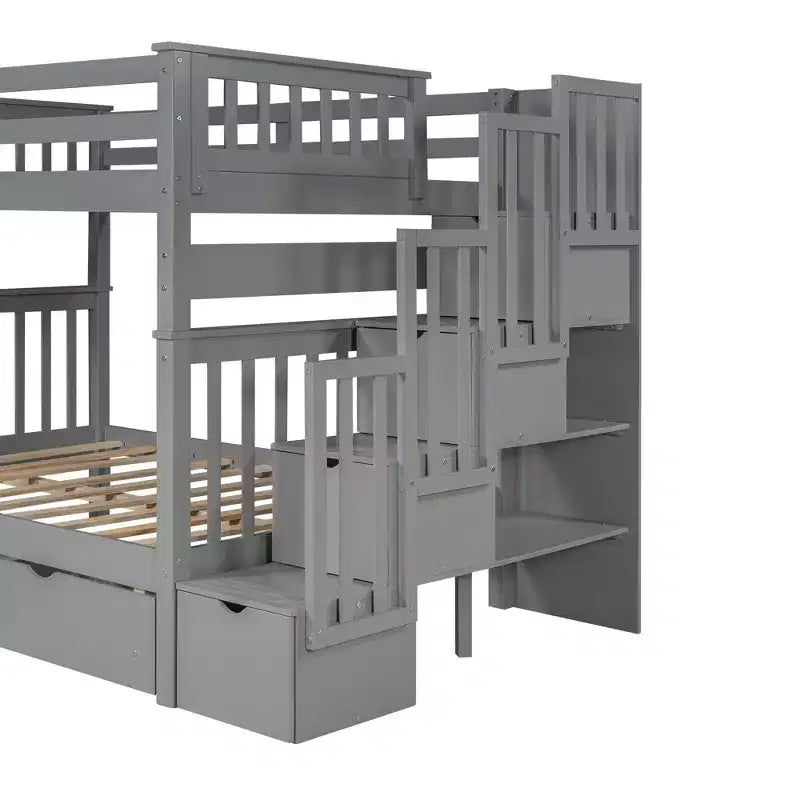 Lit superposé avec escalier double sur double pour enfants, cadre de lit superposé double avec 6 tiroirs de rangement et barrière de sécurité pour chambre à coucher ou dortoir