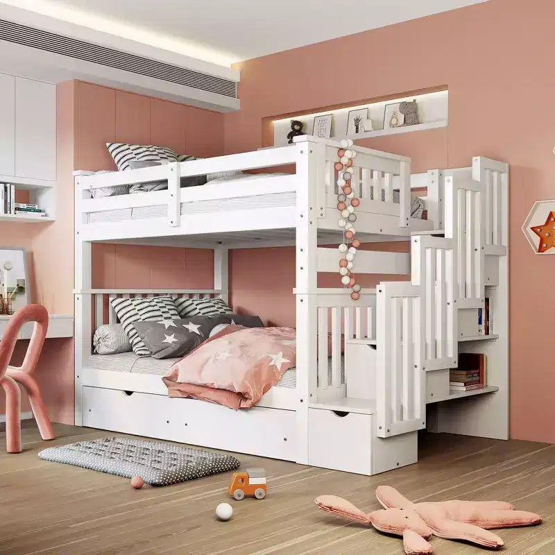 Lit superposé avec escalier double sur double pour enfants, cadre de lit superposé double avec 6 tiroirs de rangement et barrière de sécurité pour chambre à coucher ou dortoir