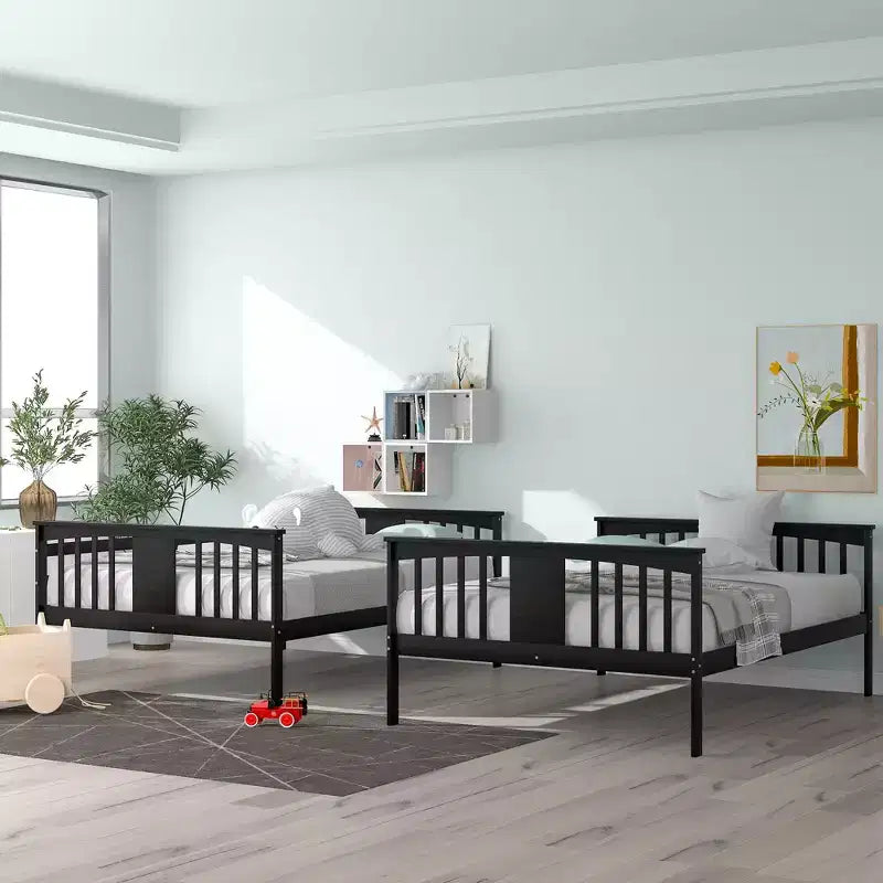 Lit superposé double sur double pour enfants, cadre de lit superposé double avec barrière de sécurité pour chambre à coucher ou dortoir
