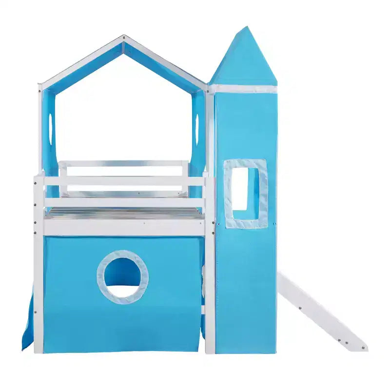 Lit mezzanine double Plyhouse avec toboggan, Cadre de lit en bois Château avec tente et tour pour enfants garçons filles adolescents, Bleu